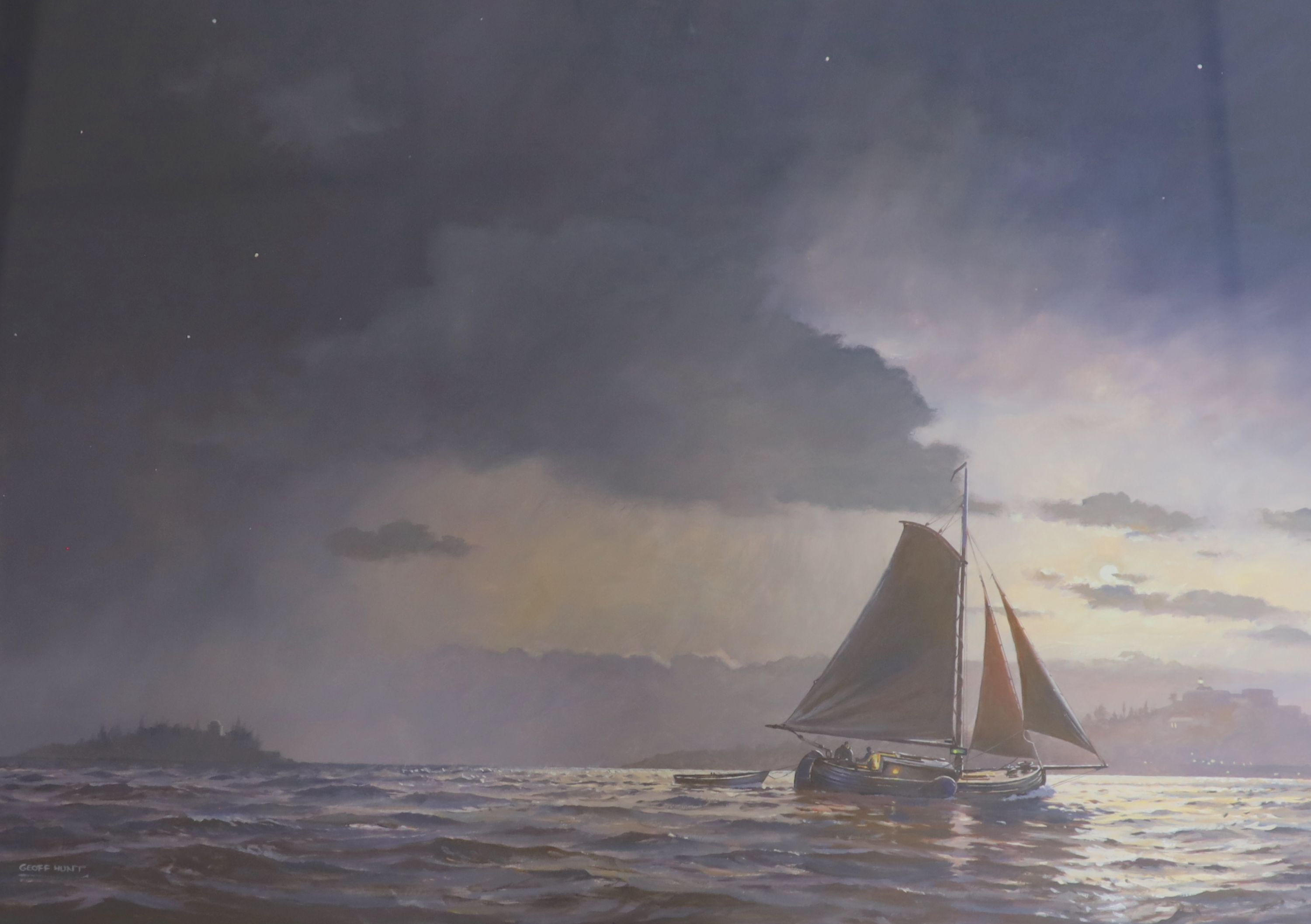Geoff Hunt (20th century), gouache, 'The Solent and Hurst Castle in the moonlight with sailing barges', signed, 39 x 54cm